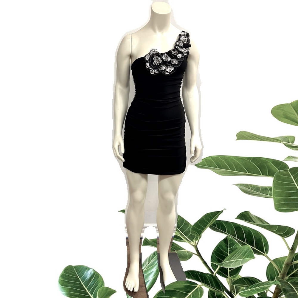 DEB RUCHED BLACK FORMAL DRESS ONE SHOULDER MINI SIZE SMALL
